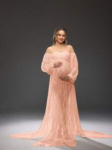 Cheriluna Maternity Maternity Off-Shoulder Lace Patchwork Open Slit Design Photoshoot Dress - Baby Pink - View 4