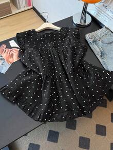 GlowEve CURVE Plus Size Women's Cute French Elegant Round Neck Polka Dot Black & White Ditsy Floral Backless Bow Tie Flutter Sleeves Summer Everyday Blouse - Black - View 3