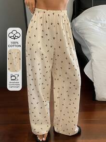 DAZY Quần pajama nữ dáng rộng họa tiết hoa anh đào - Màu be - Xem 3