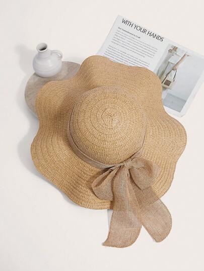 Enchnt 1入女士卡其色波浪條紋蝴蝶結沙灘帽，優雅且適合沙灘假期的防曬帽