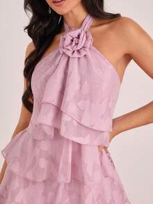 Enchnt 女士层叠花卉装饰露背短款蛋糕裙 - 淺粉色 - 查看 3