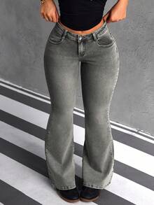 SHEIN PETITE Women's Pocket Button Cross Pattern Casual Versatile Flare Leg Jeans, Suitable For Daily Wear - Light Grey - View 6