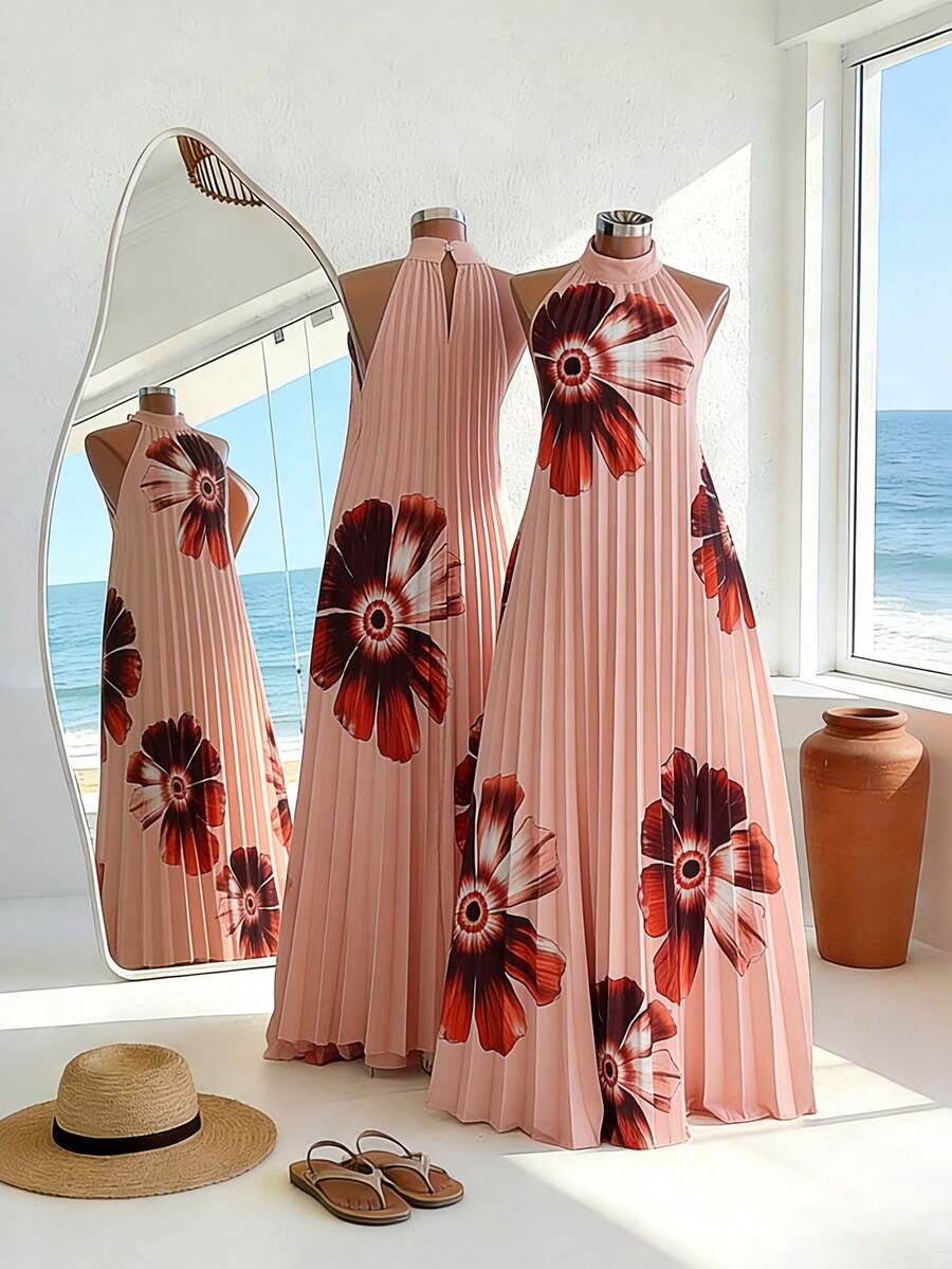 GlowEve Đầm nữ kiểu dáng mới, họa tiết hoa, xếp ly, cổ yếm, hở lưng, thích hợp cho kỳ nghỉ xuân/hè. - Bụi hồng - Xem 1