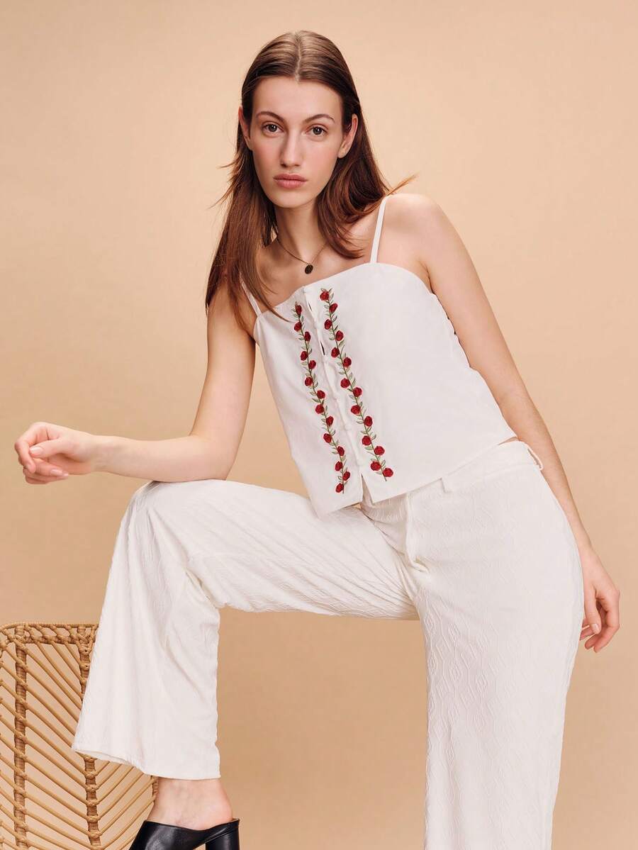 lacRébo Wide-Leg Pants With White Jacquard Fabric Summer Pants Spring Summer French Style Parisian Style Business Casual Going Out Pants Vacation Pants - Beige - View 1