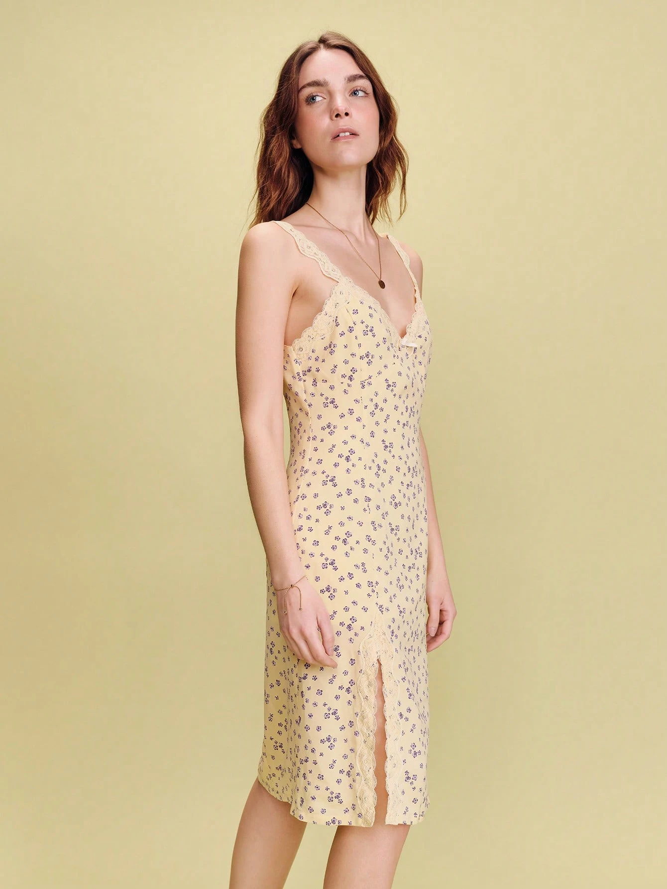 Yellow Midi Slip Dress With Flower Print And Lace Trims Details Summer Dress Spring Summer French Style Parisian Style Vacation Dress Resort Dress Holiday Dress
