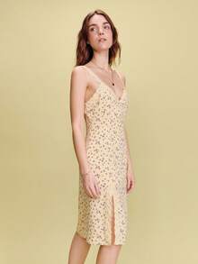 lacRébo Rochie midi galbenă cu imprimeu floral și detalii din dantelă, rochie de vară, primăvară-vară, stil francez, stil parizian - Galben - Vizualizare 3