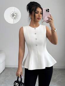 Selianne Women's Elegant White Summer Office Peplum Top,Vintage French Style Round Neck Sleeveless Buttoned Gathered A-Line Camisole Shirt,Business Work Tops - Apricot - View 3