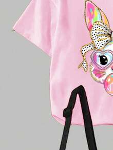 Ensemble t-shirt à manches courtes et leggings pour jeunes filles, style décontracté, mode, confortable, minimaliste, polyvalent, créatif, mignon, avec imprimé lapin doré et nœud. Convient pour le port quotidien décontracté et les vacances de Pâques - Rose bonbon - Voir 5