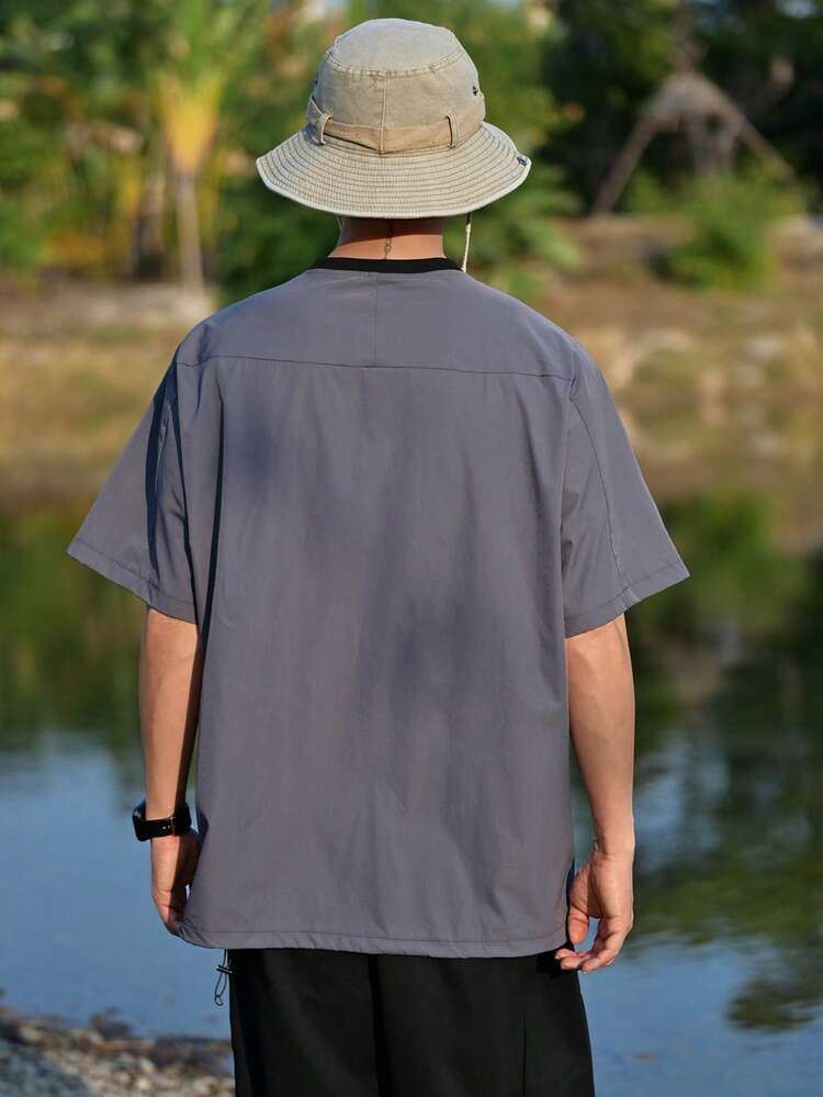 Men's Grey Letter Print Short Sleeve Outdoor T-Shirt, Summer