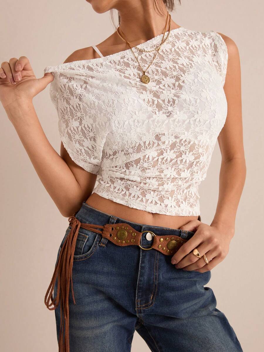 Easelle Women's Fashionable Asymmetrical White Lace T-Shirt, Summer Textured Floral Pattern Off-Shoulder White T-Shirt Top - White - View 1