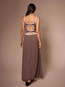 SHEIN 女士休闲条纹露背连衣裙，适合居家穿着或外穿 - 咖啡棕 - 查看 4