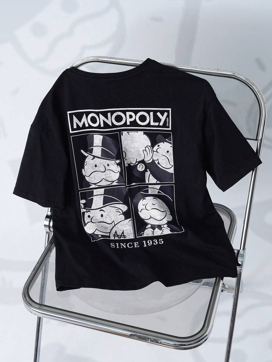 MONOPOLY X SHEIN Tween Boy MONOPOLY Round Neck Short Sleeve Casual Loose Versatile T-Shirt - Black - View 1