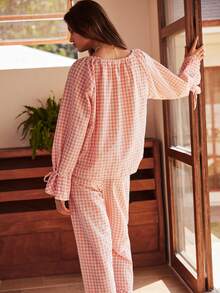 波西米亚休闲清新浪漫度假格子灯笼袖宽松女式睡衣套装 - 粉色 - 查看 2