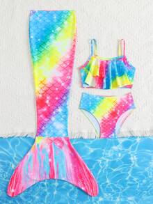 Young Girl Summer Vacation Fish Scale Print Spaghetti Strap Bikini Set Set With Cover-Up And Skirt, Random Print Girl Mermaid Swimwear Mermaid Bathing Suit Rainbow Two Piece Swimsuit Swimsuits For Kids Swimming Clothes - Multicolor - View 6