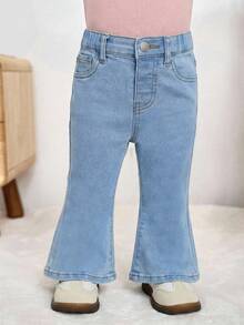 SHEIN 女婴黑色牛仔弹力修身喇叭裤 - 淺色水洗藍 - 查看 3