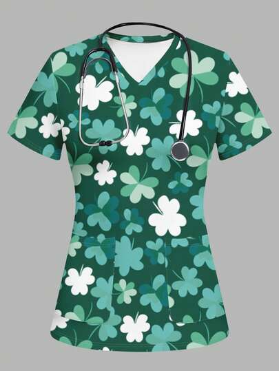 PopScrub 女士V领短袖三叶草印花工作服上衣