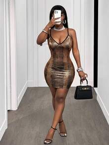 SHEIN BamGlam Váy hai dây ngắn in họa tiết da rắn dành cho nữ - Vàng - Xem 6