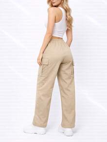Pantalones cargo largos informales para mujer con detalle de lazo y tejido ligeramente elástico ma1121 - Camel - Ver 2