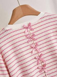 CosyJoli Plus Size French Style Hollow-Out Bow Striped Knit Sweater - Hot Pink - View 6