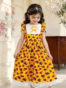 Young Girls Yellow Floral Dress With Blue Butterfly,Summer 7th Birthday Outfit,White Lace Patchwork Sleeveless Ruffle Hem Vintage Tea Party Sundress - Yellow - View 11