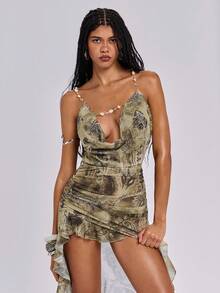 ROMWE Y2K 欧美海滩度假风珍珠链深V领连衣裙（女款） - 綠色 - 查看 5