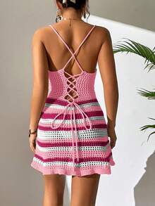 SHEIN Swim 休闲度假沙滩条纹多功能罩衫连衣裙，打结荷叶边下摆性感镂空纹理设计，春夏款 - 粉色 - 查看 2