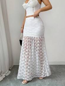 SHEIN Elenzya 女士优雅高腰弹力蕾丝半身裙，适合春夏度假穿着 - 白色 - 查看 3