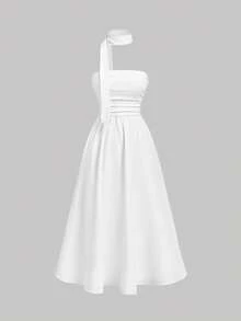 SHEIN MOD Đầm midi trang trí ruy băng trắng, đầm nữ, đầm dự lễ, đầm trắng, đầm dự tiệc, đầm ấn tượng, đầm dã ngoại cho nữ, đầm trắng phong cách đồng quê, trang phục mùa hè cho nữ, đầm kiểu Pháp, đầm trắng mùa xuân cho nữ. - trắng - Xem 4