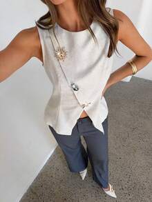 Aloruh 女士春夏新款杏色纯色亚麻西装背心外套，斜领设计，金属纽扣装饰，优雅休闲职业装 - 杏色 - 查看 5