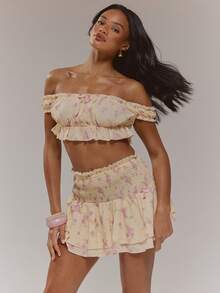 MUSERA 露肩褶皱蝴蝶结花卉短款上衣，搭配腰部褶皱蝴蝶结荷叶边超短裙，套装出售。可爱春季复活节场合少女性感外出母亲节柔美绽放。 - 黃色 - 查看 5