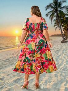SHEIN CURVE+ Curve 尺码 US22 音乐节、海滨度假、波西米亚风女士度假印花方领荷叶袖荷叶边长裙，夏季连衣裙，碎花连衣裙，荷叶袖，方领 - 彩色 - 查看 3