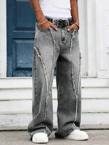GALLERY FADE Men's Street Fashion Distressed Patchwork Vintage Washed Wide Leg Pants - Grey - View 3