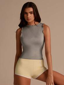 Fluxe Camiseta de tirantes ajustada de cuello redondo de unicolor para mujer,Gris,Verano,Escapada urbana,Atuendos de vacaciones de verano,Ropa de vacaciones en la playa,Conjuntos de entrenamiento de primavera para fiestas - Gris - Ver 5