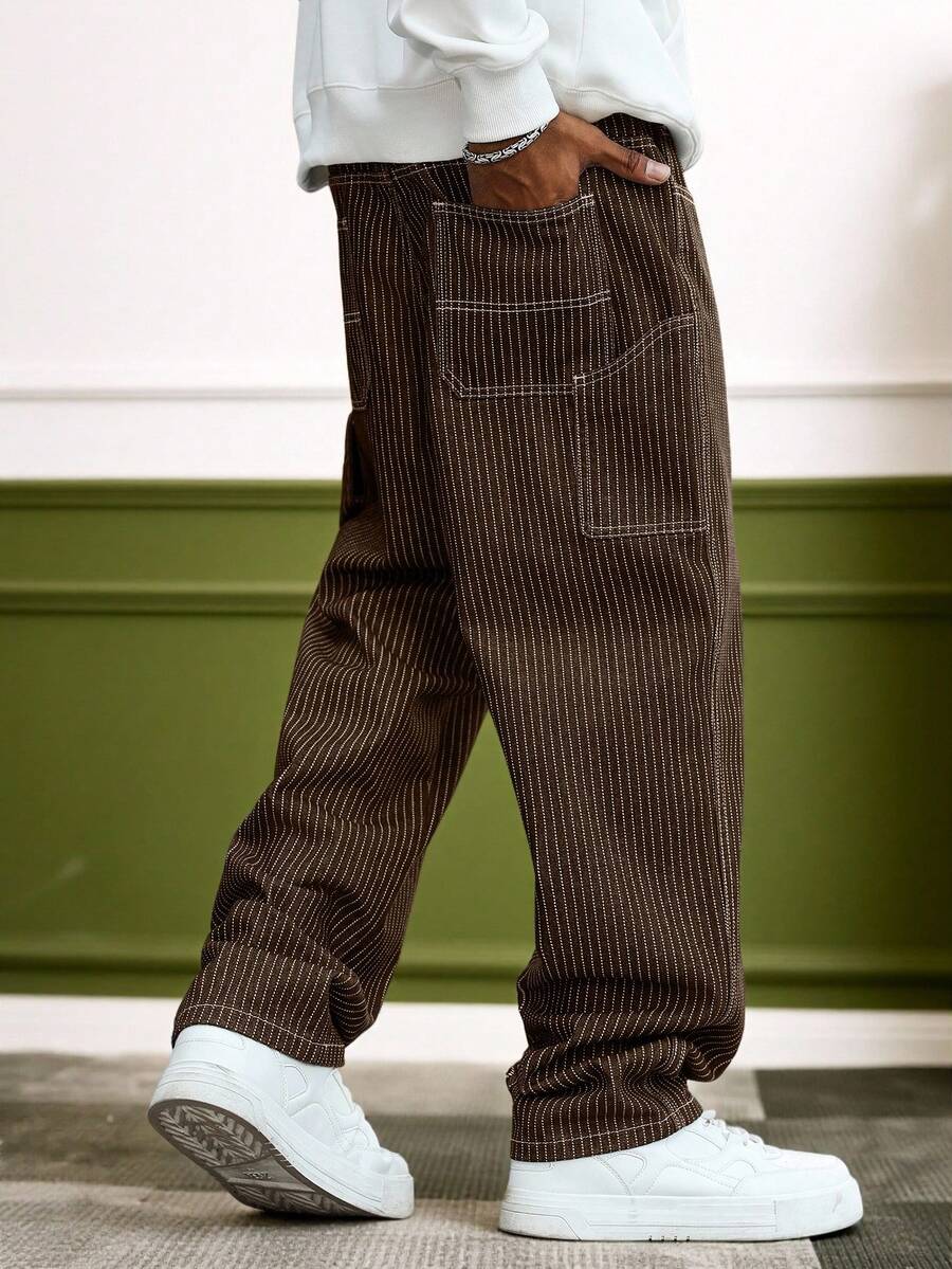 GALLERY FADE 男士休闲竖条纹多口袋工装棕色牛仔裤 - 棕色 - 查看 1