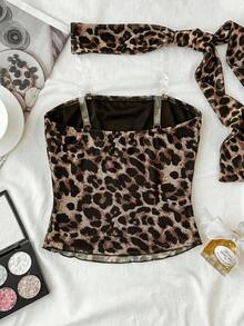 SHEIN Tween Girls Tank Tops & Camis With Matching Neck Gaiter, Ruched Midriff Black With White Polka Dots - Multicolor - View 4