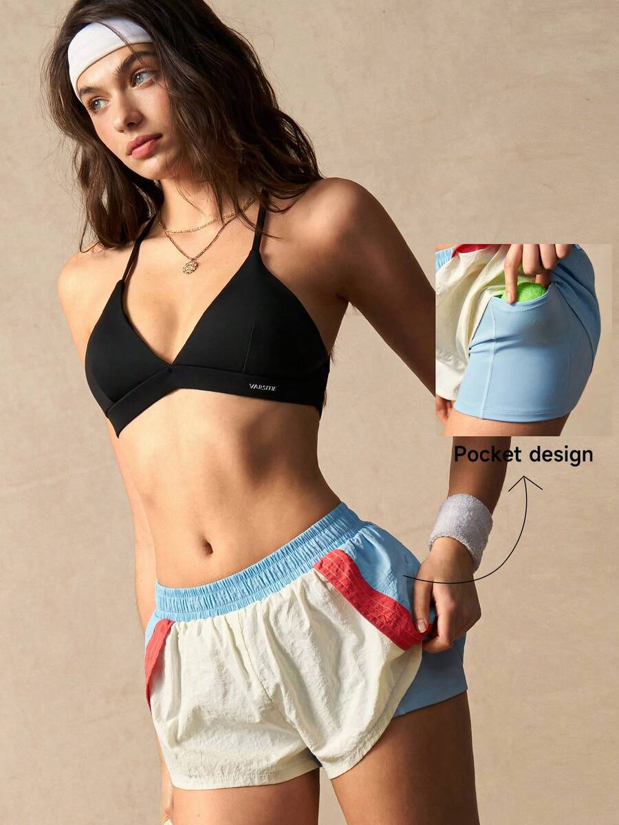 VARSIVA 女士弹力腰带拼接撞色休闲百搭日常运动短裤