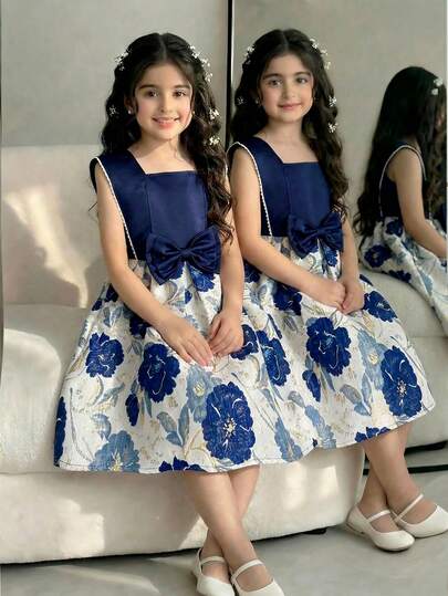 1件女童夏季新款缎面蝴蝶结装饰提花连衣裙，松紧腰身，复古优雅公主裙，适合生日派对、演出等场合。