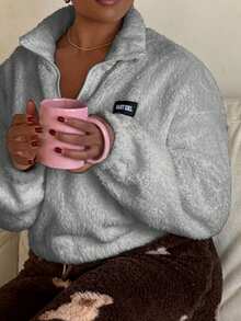 Tyla Gomez 夏季女式半拉链白色抓绒卫衣，带字母贴布设计，秋冬季短款女式半拉链卫衣 - 灰色 - 查看 5