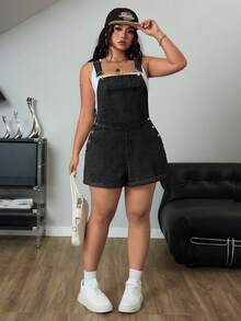 SHEIN ICON 夏季加大卷边牛仔连体裤（无抹胸） - 黑色 - 查看 4