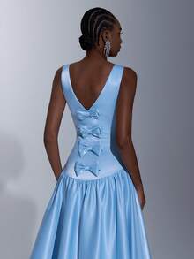 Elitara Elegant Light Blue Stretch Satin Evening Gown, Handmade Bow ...