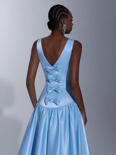 Elitara Elegante vestido de noche de satén de lujo en azul claro con patchwork de punto, decoración de lazo hecha a mano en la espalda, tirantes anchos, cuello en U, falda oversize, bajo de cola de sirena, vestido formal para mujer