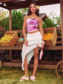 ROMWE Avant Spring/Summer Island Style Hibiscus, Palm Tree, Sunset, Pink Sea Graphic Rhinestone Print Y2K Women Top - Pink - View 6