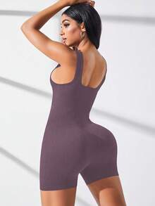 Easithlete Einfarbiger/gerippter Strick/nahtloser Sport-Jumpsuit - Violett - Übersicht 4
