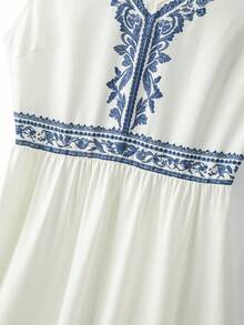 Lyxana Đầm nữ kiểu dáng thanh lịch, cổ tròn, không tay, eo xếp ly, in họa tiết vintage, thích hợp cho mùa xuân/hè. - Màu be - Xem 6