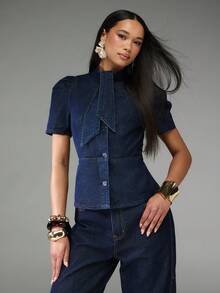 Normani Blusa de mezclilla de manga abullonada de solapa única y versátil para mujer, ropa de trabajo para mujer - Azul - Ver 4