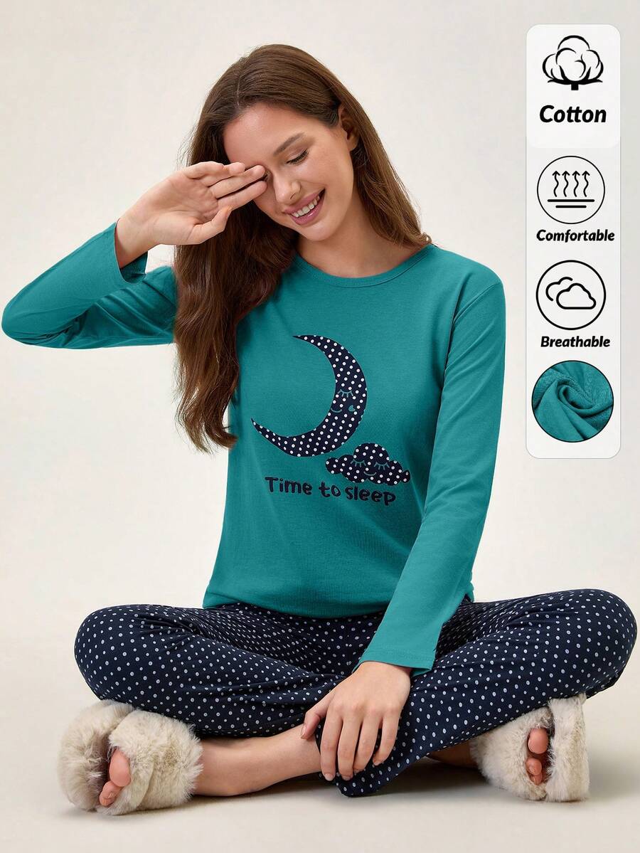 Loomlin 2pcs Cotton Teal Navy Blue Moon Printed Shirt And Star Printed Sleep Bottom PJ Set Home House Sleeping Autumn Casual Cute Kawaii - Green - View 1