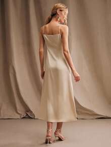 Anewsta Elegant Dress, Vacation Outfit Dress, Women's Spaghetti Strap Draped Neck Champagne Color Dress - Apricot - View 2