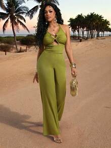 Lureya 女士时尚吊带镂空金属扣装饰纯色挂脖收腰性感魅力连体裤，适合日常穿着、聚会、派对、情人节、春夏穿着。 - 綠色 - 查看 1