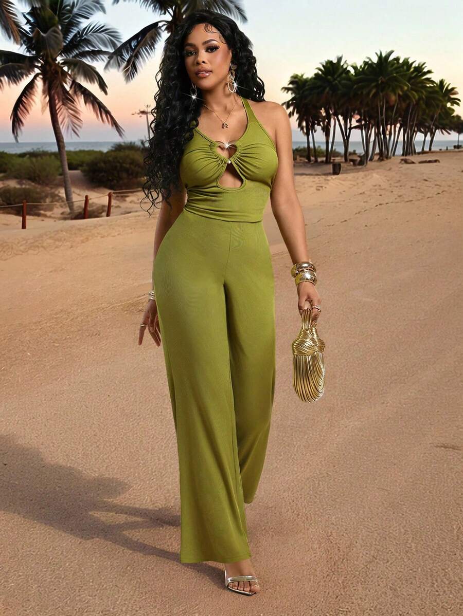 Lureya 女士时尚吊带镂空金属扣装饰纯色挂脖收腰性感魅力连体裤，适合日常穿着、聚会、派对、情人节、春夏穿着。 - 綠色 - 查看 1