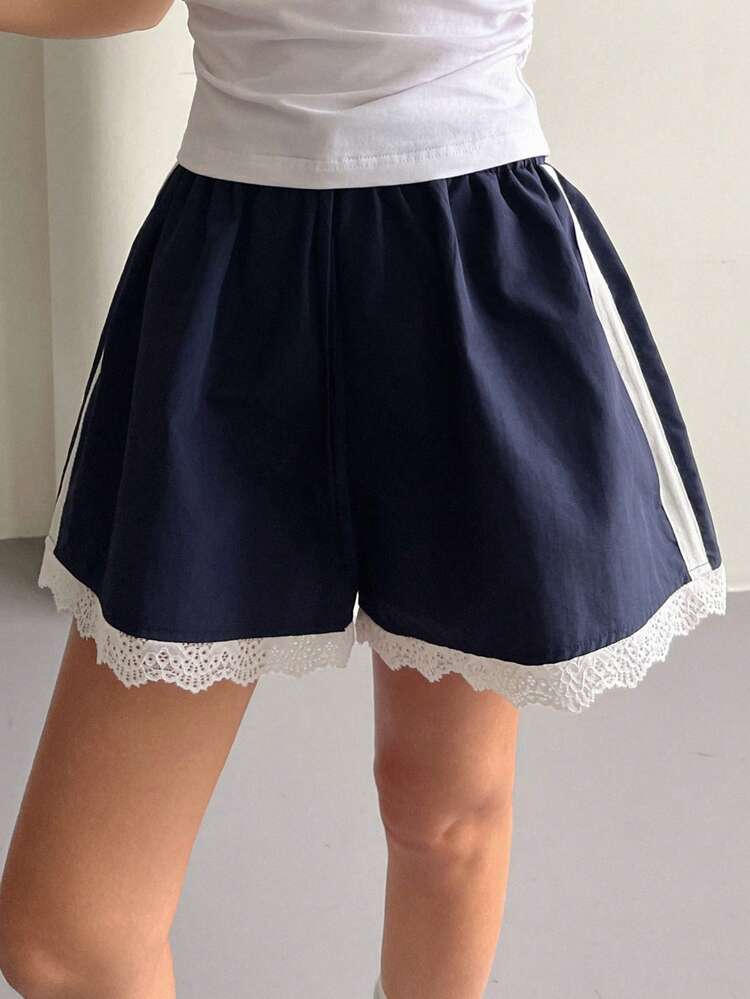 Women's Summer Drawstring Tie Waist Cropped Lace Patchwork Casual Shorts